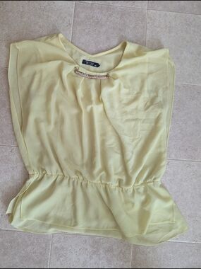 Yellow Chiffon Peplum Top with Removable Rhinestone Accent